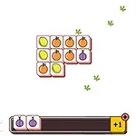 Set de plăcuțe cu imagini de fructe și legume într-un aranjament pătrat, pe un fundal alb cu design floral și bare de progres