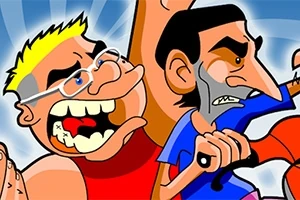 Două personaje animate exagerate, unul blond cu ochelari care țipă și celălalt cu barbă și păr negru tensionat