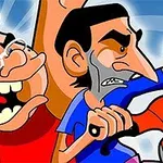 Două personaje animate exagerate, unul blond cu ochelari care țipă și celălalt cu barbă și păr negru tensionat