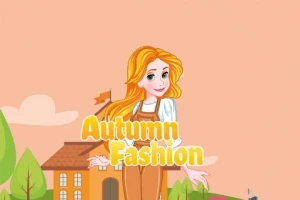 Fată cu păr blond îmbrăcată în salopetă maro, având un fundal cu o casă și copaci pe un cer roz, cu textul Autumn Fashion
