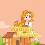 Fată cu păr blond îmbrăcată în salopetă maro, având un fundal cu o casă și copaci pe un cer roz, cu textul Autumn Fashion