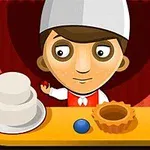 Un personaj animat cu o șapcă albă, ținând o bilă roșie, stă lângă un tort alb și un aluat pe o masă galbenă, pe un fundal roșu