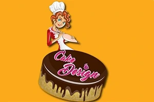 O femeie cu șapcă de bucătar ținând un poș de cremă deasupra unui tort mare, acoperit cu glazură de ciocolată, pe un fundal galben, având textul Cake Design