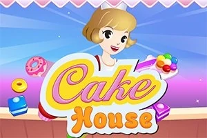 Tânără desenată stil animat, ținând prăjituri colorate, cu textul Cake House pe fundal roz și albastru