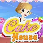 Tânără desenată stil animat, ținând prăjituri colorate, cu textul Cake House pe fundal roz și albastru