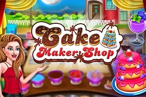 O femeie zâmbitoare indică spre un panou cu textul Cake Maker Shop în fața unui decor colorat cu prăjituri și un peisaj vesel în fundal