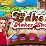 O femeie zâmbitoare indică spre un panou cu textul Cake Maker Shop în fața unui decor colorat cu prăjituri și un peisaj vesel în fundal