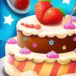 Tort decorat cu frișcă, căpșuni și flori colorate pe fundal albastru cu stele albe