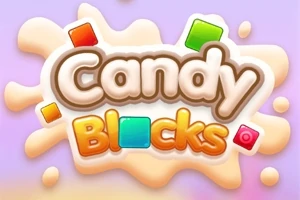 Textul „Candy Blocks” cu litere colorate și blocuri pătrate colorate pe un fundal pastelat