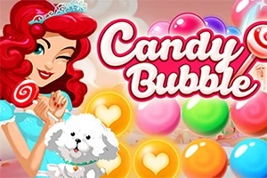 Fată zâmbitoare cu păr roșu, îmbrăcată în albastru, ținând o acadea și un cățel alb, pe fundal de bule colorate și text Candy Bubble