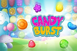 Fundal colorat cu bomboane divers colorate și textul „Candy Burst” în centru