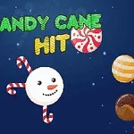 Om de zăpadă cu bastoane de zahăr pe un fundal albastru, înconjurat de acadele și bomboane rotunde, cu textul Candy Cane Hit deasupra