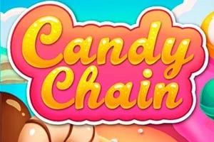 Text colorat „Candy Chain” pe un fundal vibrant, înconjurat de bomboane colorate