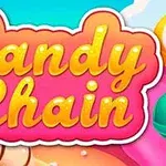 Text colorat „Candy Chain” pe un fundal vibrant, înconjurat de bomboane colorate