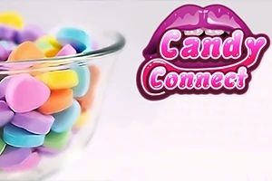 Un castron de sticlă cu bomboane colorate în formă de inimă alături de un logo roz cu buze și inscripția Candy Connect