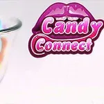 Un castron de sticlă cu bomboane colorate în formă de inimă alături de un logo roz cu buze și inscripția Candy Connect