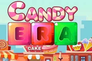 Textul CANDY ERA este scris cu litere colorate, având un fundal cu diverse dulciuri și clădiri de patiserie