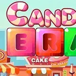 Textul CANDY ERA este scris cu litere colorate, având un fundal cu diverse dulciuri și clădiri de patiserie