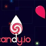 Siglă cu o bomboană în centrul unei picături alb-roșie și cuvântul candy