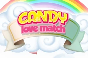 Text colorat CANDY love match deasupra unui fundal cu nori și un curcubeu