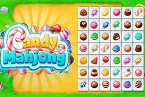 Imaginea prezintă un ecran colorat cu bomboane și dulciuri aliniate în stil de Mahjong pe un fundal verde și galben