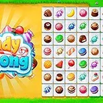 Imaginea prezintă un ecran colorat cu bomboane și dulciuri aliniate în stil de Mahjong pe un fundal verde și galben