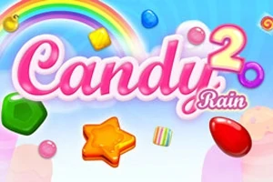 Text roz Candy Rain 2 pe un fundal albastru deschis cu un curcubeu și diverse forme colorate de bomboane