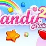 Text roz Candy Rain 2 pe un fundal albastru deschis cu un curcubeu și diverse forme colorate de bomboane