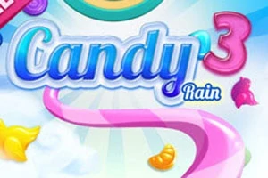 Text colorat și stilizat cu cuvintele Candy Rain 3 pe un fundal colorat cu bomboane și elemente decorative