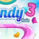 Text colorat și stilizat cu cuvintele Candy Rain 3 pe un fundal colorat cu bomboane și elemente decorative