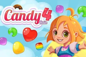 O fată cu păr blond zâmbește într-un fundal albastru cu nori și bomboane colorate