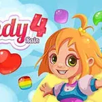 O fată cu păr blond zâmbește într-un fundal albastru cu nori și bomboane colorate