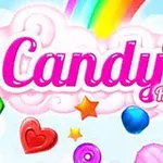 Text roz Candy pe un nor alb pufos, înconjurat de bomboane colorate și un curcubeu în fundal