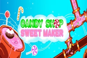 Textul Candy Shop Sweet Maker pe un fundal albastru cu elemente grafice colorate, cum ar fi acadele și țevi cu lichid roz