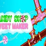 Textul Candy Shop Sweet Maker pe un fundal albastru cu elemente grafice colorate, cum ar fi acadele și țevi cu lichid roz