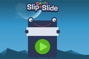 Un personaj desenat ține un panou alb, având un triunghi verde ca un buton de redare, pe un fundal de peisaj montan albastru cu o lună pe cer, sub un titlu colorat „Candy Slip & Slide”