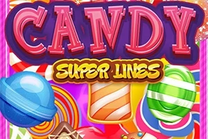 Text colorat CANDY SUPER LINES pe un fundal cu bomboane colorate diverse