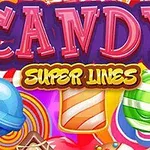 Text colorat CANDY SUPER LINES pe un fundal cu bomboane colorate diverse