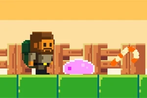 Un personaj pixelat cu un rucsac verde stă pe o platformă verde lângă un inamic roz și un obiect asemănător unei cozi de rac