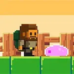 Un personaj pixelat cu un rucsac verde stă pe o platformă verde lângă un inamic roz și un obiect asemănător unei cozi de rac