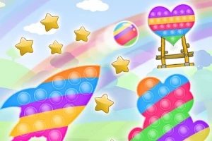 Elemente colorate în forma de stele, rachetă, inimă și nor pe un fundal cu curcubeu și balon