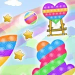 Elemente colorate în forma de stele, rachetă, inimă și nor pe un fundal cu curcubeu și balon