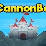 Castel medieval cu turnuri roșii și stegulețe pe un fundal albastru, cu titlul CannonBall deasupra