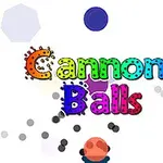 Text colorat Cannon Balls pe un fundal alb cu forme geometrice difuze și bile negre în mișcare