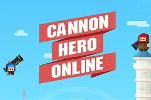 Fundal albastru cu text roșu Cannon Hero Online și doi personaje purtând căști de protecție, unul sărind cu un tun și celălalt stând pe un turn