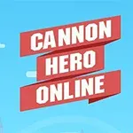 Fundal albastru cu text roșu Cannon Hero Online și doi personaje purtând căști de protecție, unul sărind cu un tun și celălalt stând pe un turn