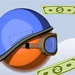 O bilă portocalie cu cască albastră și ochelari de protecție, înconjurată de bancnote verzi, în fața unui inel galben