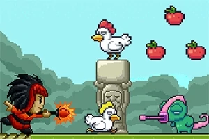 Personaj pixelat cu păr roșu aruncă o minge de foc către un pui, un câine albastru și căpșuni plutind pe fundal