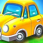 Mașină galbenă de desen animat pe un fundal albastru cu iarbă verde