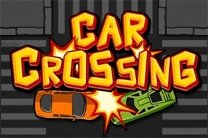 Textul Car Crossing în culori vii, suprapus peste ilustrația a două mașini care se ciocnesc pe o trecere de pietoni